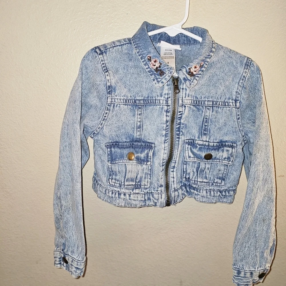 Kids Little Lass Blue Cropped Jean Jacket with Distressed Texture